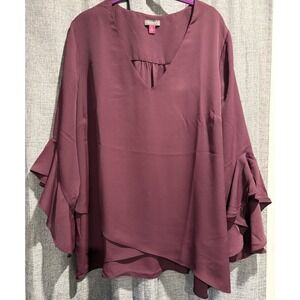 Vince Camuto Burgandy Plus Size Womans 2X Blouse Flutter Sleeve Layered V-Neck